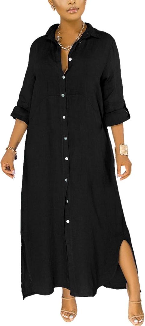 nqgsntc Women V Neck Rolled Up Sleeve Lining Dress Button Down Side Slit Shirt Maxi Dresses (Large, Black)