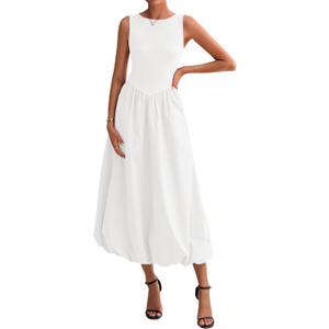 BTFBM Women's 2026 Summer Casual Sleeveless Midi Dress Patchwork Knit Tank Bubble Long Flowy Beach Maxi Sundress Pockets(White, X-Large)