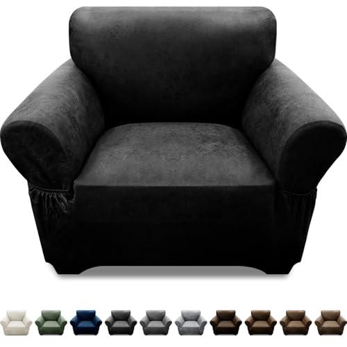 Pfrstuv Single Sofa Cover Leather Look Chair Covers for Living Room 1-Piece Sofa Chair Covers with Arms Stretch Furniture Protector with Elastic Bottom & Pockets(Armchair, Black)