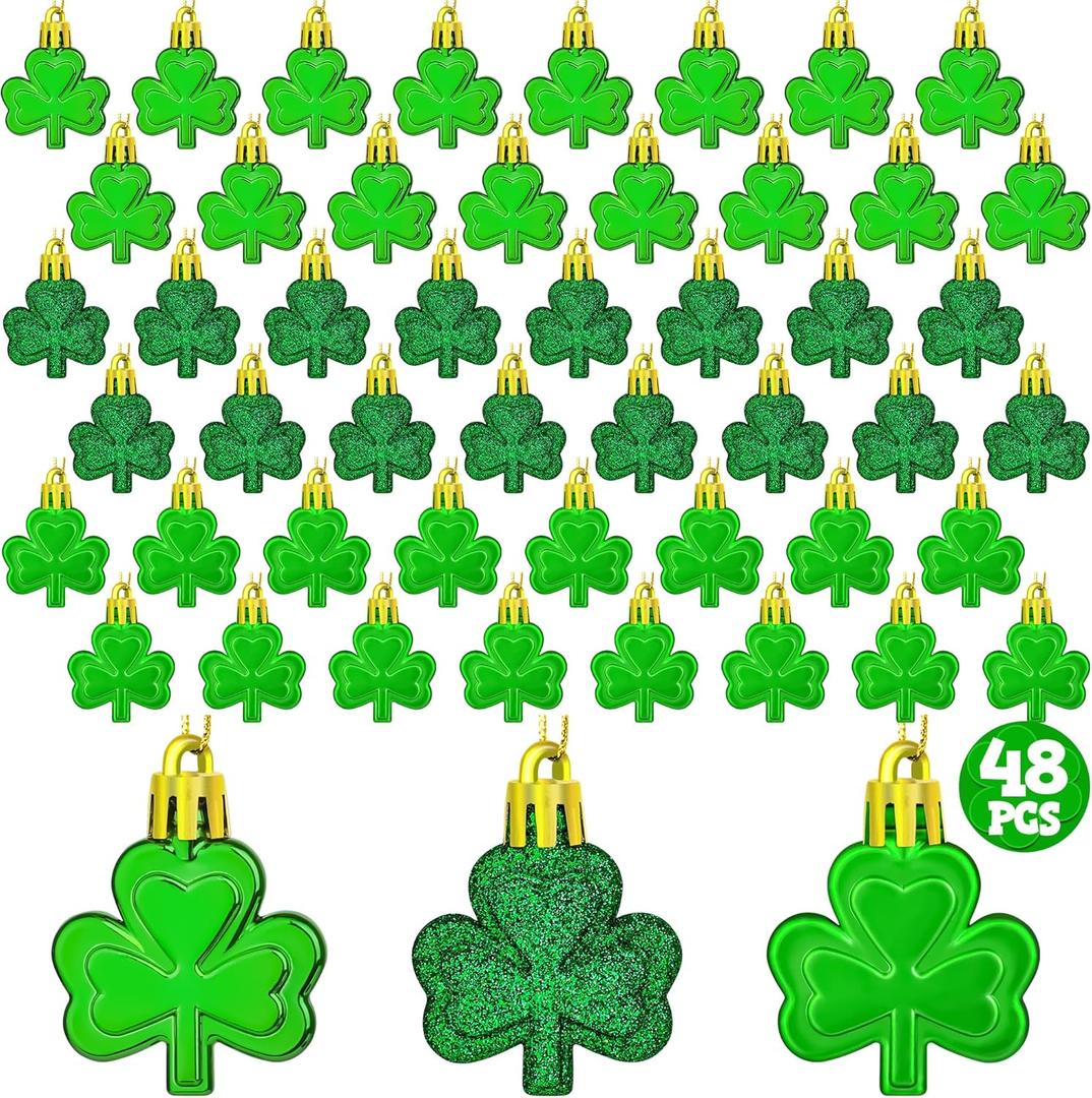 48 PCS St Patricks Day Decorations, Shamrocks Shaped Ornaments for Tree, 3 Styles Good Luck Clover Hanging Baubles, Shamrocks Decorations for St Patricks Day Accessories Home Decor Supplies