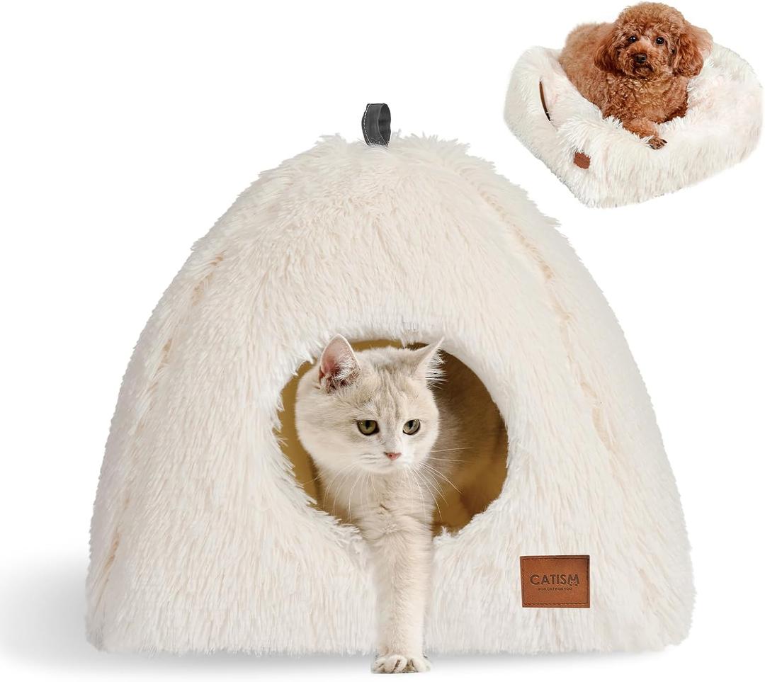CATISM Cat Bed, Cat Cave for Indoor Cats, Soft Cat Dome, Self-Warming 2 in 1 Foldable Pet Cat House with Washable Cushioned Pillow Calming Fluffy Dog Beds for Small Dogs with Anti-Slip Bottom White