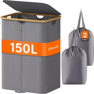 Lifewit 150L Double Laundry Hamper With Lid, Large Basket With Bamboo Handles and Removable Bags, Foldable Clothes Hamper for Bedroom, Bathroom, Dorm, Laundry Room, Grey