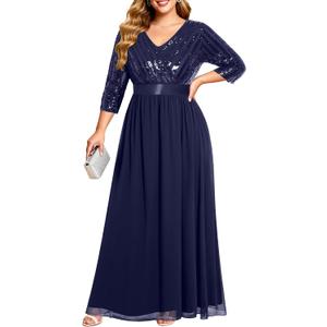 Womens Plus Size Formal Dresses - V Neck 3/4 Sleeve Sequin Prom Evening Gowns Long Maxi Dress, 14W