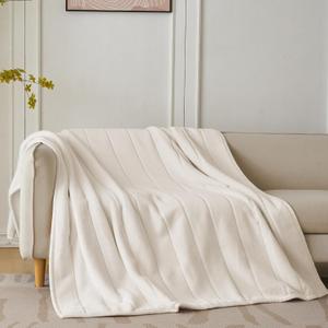 Faux Fur Quilt Twin Blanket for Couch, 480GSM Fuzzy Soft and Warm Coverlet Light Weight Quilted Blanket for Sofa, Chair, Bed, Bedroom, 60x80 Inches,Ivory Stripe