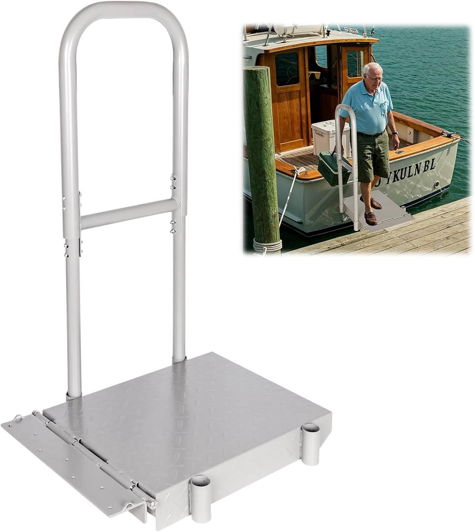 Folding Boat Boarding Platform with Handrail Anti-Rust Dock Steps for Lake, 500lbs Capacity, Non-Slip Surface, Ground Lock & Bumper Strip Dock Ramp for Boats, Pontoons, Yachts