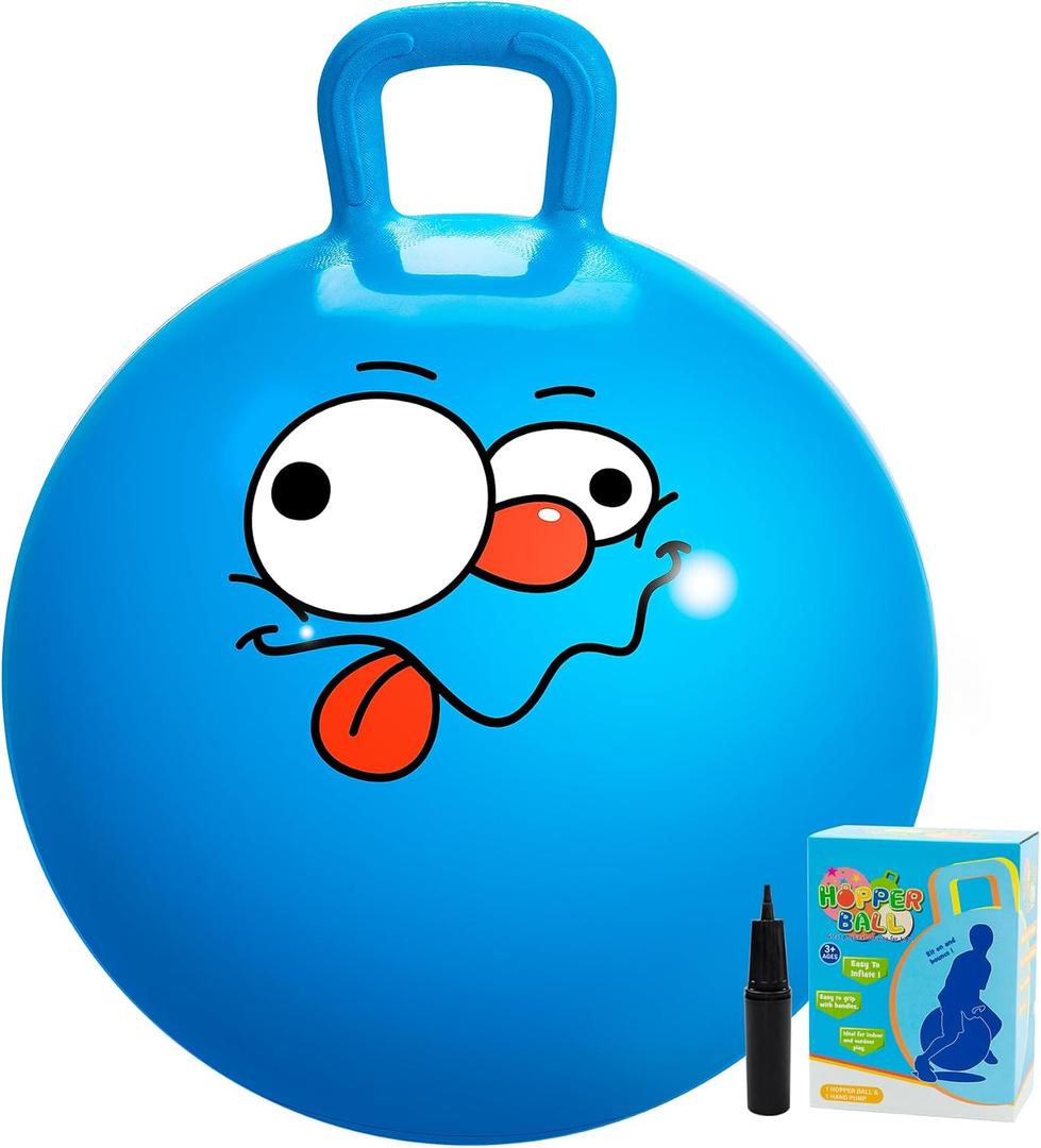 U&C Planet Hopper Ball, 22 inches Bouncy Ball with Handle for Kids Age 7-12, Hoppity Hop Sit and Bounce Jumping Hopping Toy with Pump & Gift Box, Great Gift for Birthday Christmas, Blue Emoji