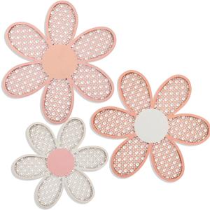 Maitys 3 Pieces Boho Daisy Wall Decor Natural Rattan Flower Wall Hanging Art Wooden Boho Art Nursery Flowers Farmhouse Hanging Decor for Home Office Nursery, Rustic Color 
