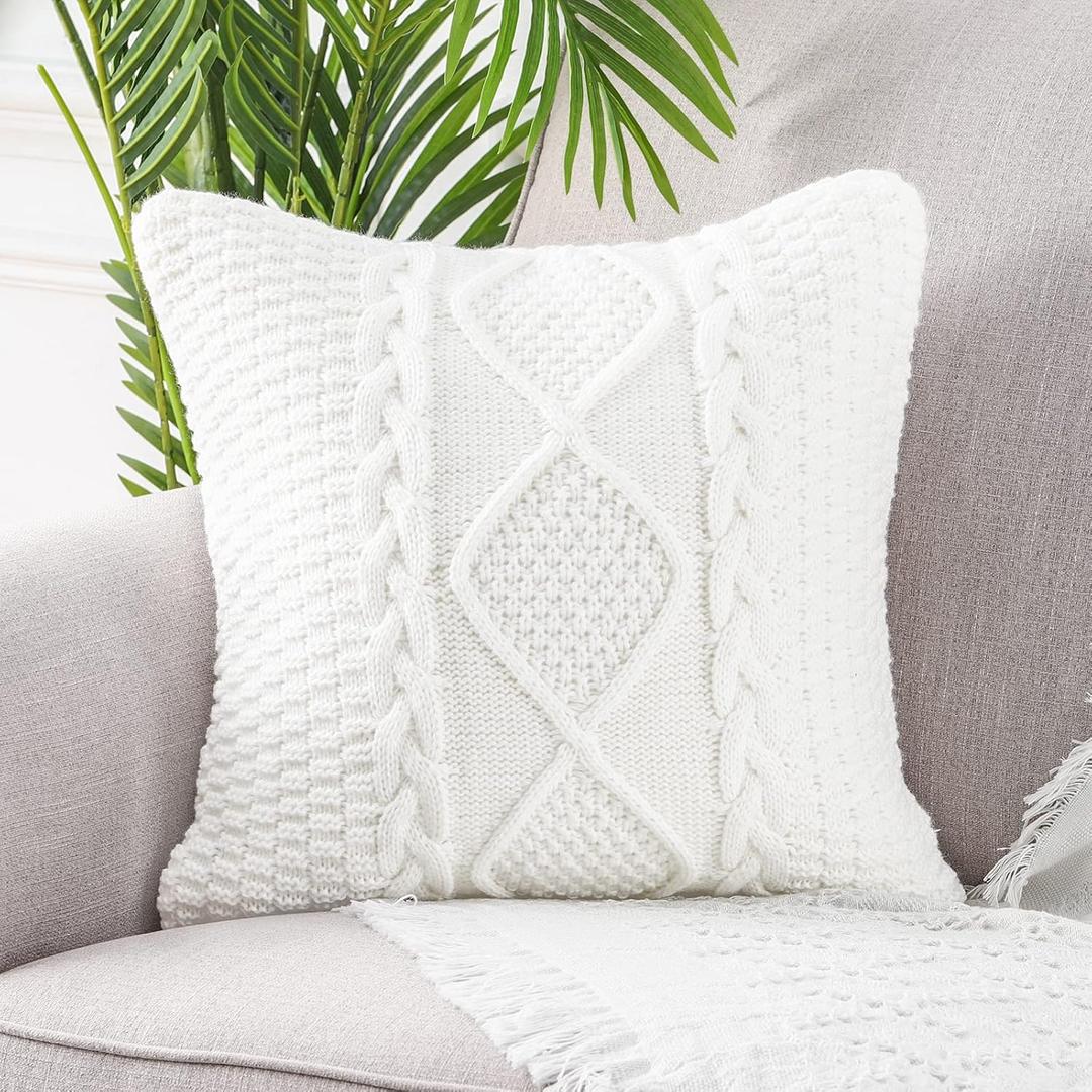 MANDIOO Cotton Knitted White Decorative Throw Pillow Covers Soft Cozy Outdoor Cushion Cases Luxury Modern Pillowcases for Couch Sofa Bed 16x16 Inches