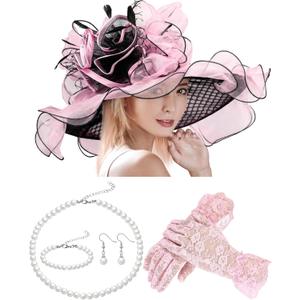 Derby Hat for Women 2026 Wide Brim Organza Sun Church Hat Set Feather Floral Fascinator for Tea Party Wedding Derby (Pink)