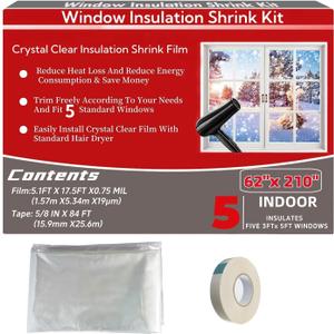 StarJungle Indoor Window Insulation Kit, Clear Window Film for Heat and Cold, 5 Windows (62x210 in)