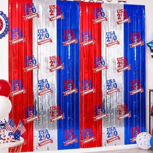 4 Pack 250 Years of Freedom Foil Fringe Curtains 3.3x6.6ft Patriotic 4th of July Decorations Red White Blue Streamer Backdrop for 250th America Anniversary Independence Day Memorial Day Party Decor