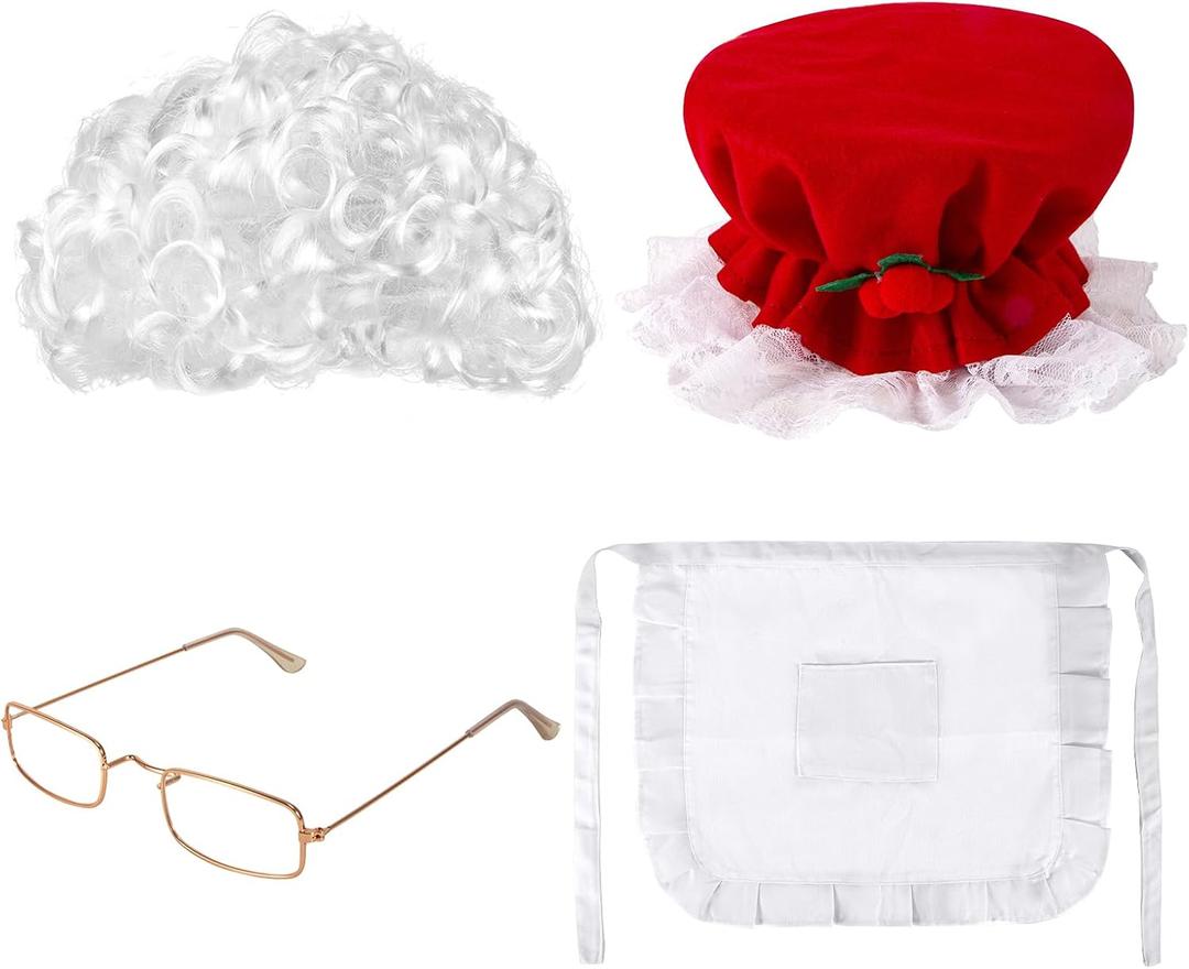 Numjaw Mrs Claus Costume Adult Women,Mrs Claus Hat Mrs Claus Wig Mrs Claus Glasses Mrs Claus Apron,Old Lady Curly Wig Girls Mrs Claus Costume for Women Mrs Santa Claus Costume Accessories for Women