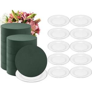 Threlaco 6 Sets Round Floral Foam and Clear Plastic Saucer Plant Drip Tray Floral Flower Dish Green Foam for Artificial Flowers Wedding Home Party Decoration (7 Inches)
