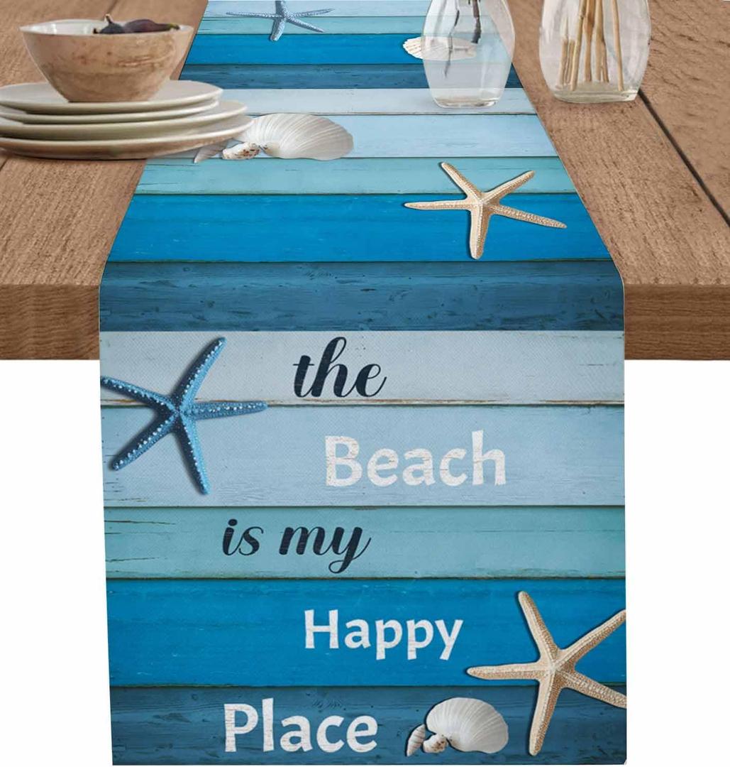 Starfish Table Runner 13x72 inch, Beach Ocean Blue Wood Grain Farmhouse Dinning Table Runner for Farmhouse Wedding Party Barbecue Table Decor