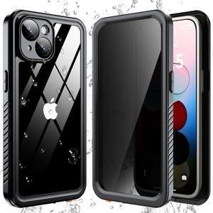 ANTSHARE Waterproof Case for iPhone 15, with [Built-in Privacy Screen Protector] [IP 68 Underwater], Anti-Peeping Adsorption Full Body Double Protective Case for iPhone 15, Black