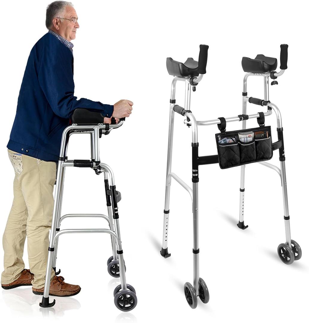 Foldable Stand Up Walker with Armrest Pad - Height Adjustable Aluminum Walkers with Small Bag, Standard Walker for Seniors, Elderly, Platform Walker with Arm Support, Standing Upright Walkers,Silver (22"D x 27.5"W x 41.5-47.5"H, Silver-dual-wheel)