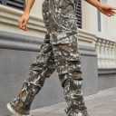 Unisex Camo Cargo Pants, Multi Pockets Raw Edge Oversized Straight Zipper Wide Legs Streetwear for Hip Hop Men Women (XL)