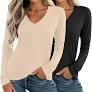 Ficerd 2 Pack Women's Long Sleeve T Shirts Cotton V Neck Slim Fit Tops Ribbed Knit Layering Casual Basic Tees 2025 Fall, Large