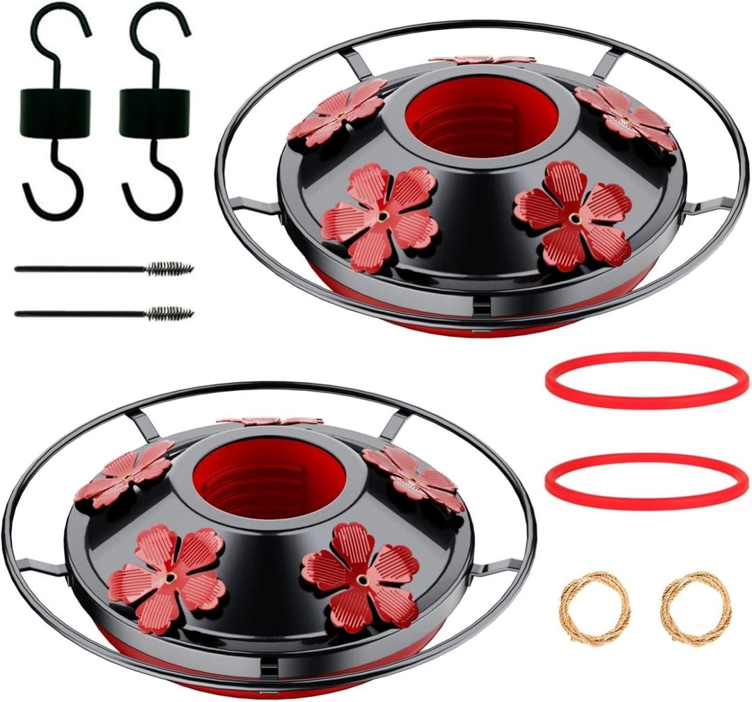 2 Pack Hummingbird Feeder Base Replacement Part Accessories Set - Includes 2 Pcs Bottom Base, Moat Hooks, Seal Rings, Brushes and Hanging Ropes (2, Black)