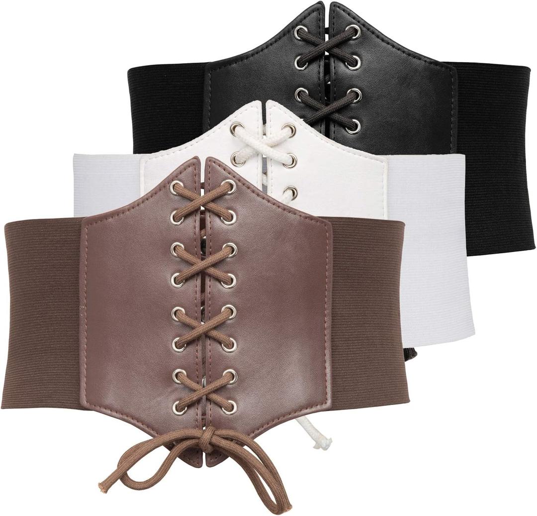 GRACE KARIN Lace-up Cinch Belt Tied Corset Elastic Waist Belt for Dress (X-Large, Black+white+coffee)