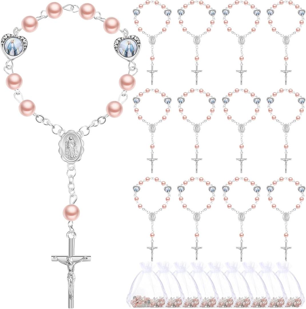 Misdary 30 Sets Mini Rosary with Organza Bags Faux Pearls Baptism Favors for Guests Catholic Finger Rosary for Christening Weddings Party Favors First Communion Gift (Pink)
