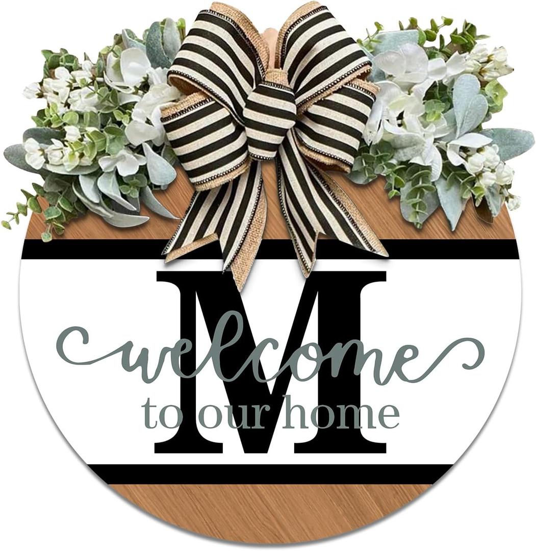 Last Name Round Front Door Wreath Decor for All Year, 26 Initial Letter Wreaths for Front Door Welcome Garland and Eucalyptus Hanging Gift for Farmhouse House Welcome Sign for Spring Summer Winter Used (M) (12*12IN)