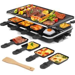 Raclette Table Grill, Indoor Grill Korean BBQ Grill Electric Griddle, 2 in 1 Electric Griddle Nonstick with 8 Raclette Cheese Pans Adjustable Temperature Control 1300W Ideal for Family Party Fun