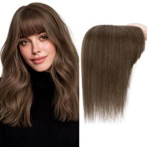 Hair Toppers for Women Real Human Hair 10 Inch Long Straight Toppers for Women with Thinning 7 * 13CM Silk Base Clip in Hairpieces with Bangs (Chocolate Brown)