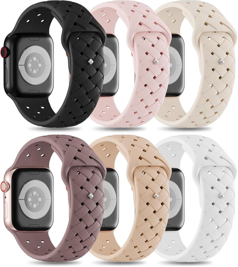 6 Pack Silicone Braided Compatible with Apple Watch Band 42mm 41mm 40mm 38mm 46mm 45mm 44mm 49mm for Women Men, Soft Breathable Sport Strap for iWatch Bands Series 10 9 8 7 6 5 4 3 2 1 SE Ultra