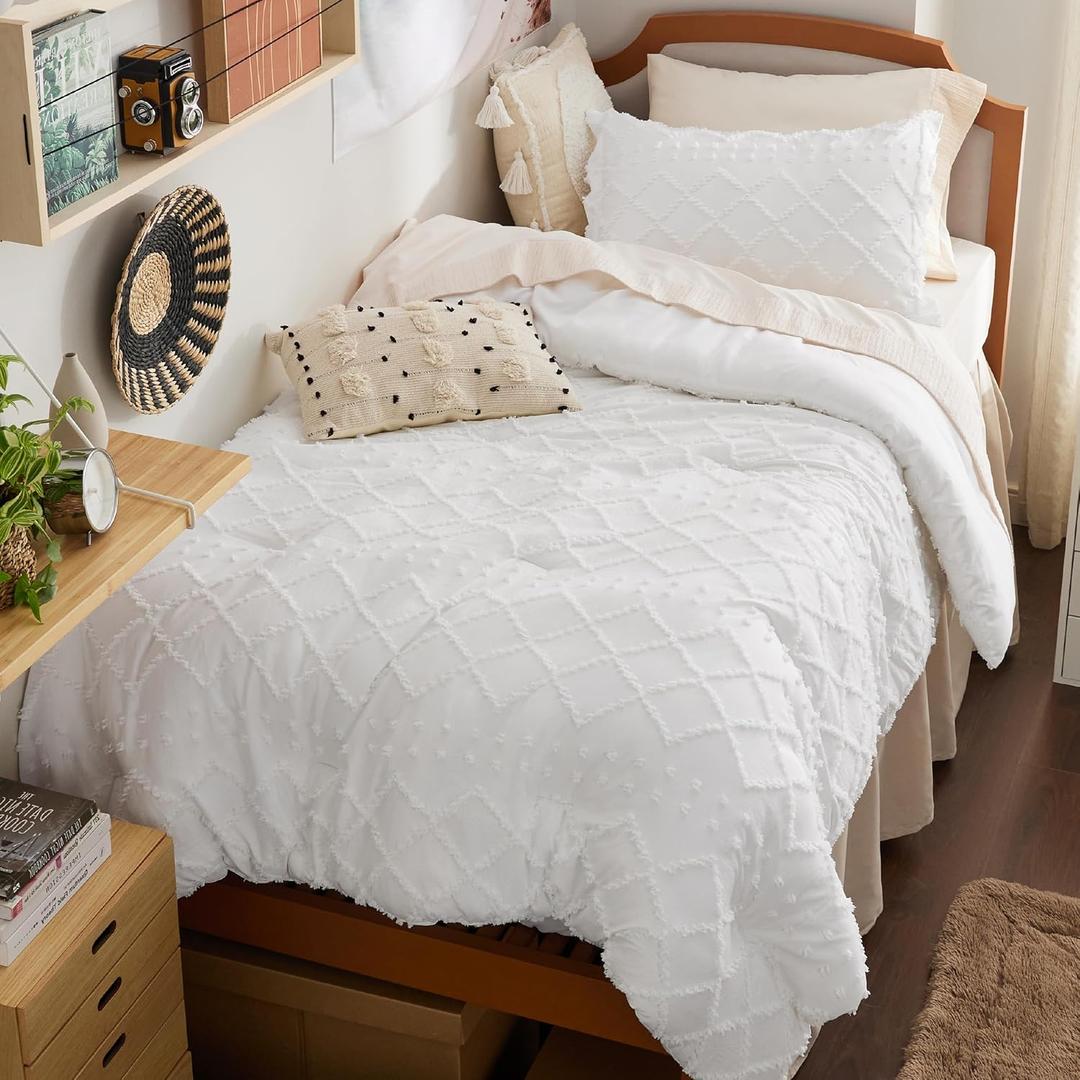 Bedsure Twin Comforter Set - White Boho Twin Comforter, Distressed Vintage Dorm Bedding Set for Kids, 2 Pieces Modern Farmhouse-Style Bed Set, Includes 1 Pillow Sham