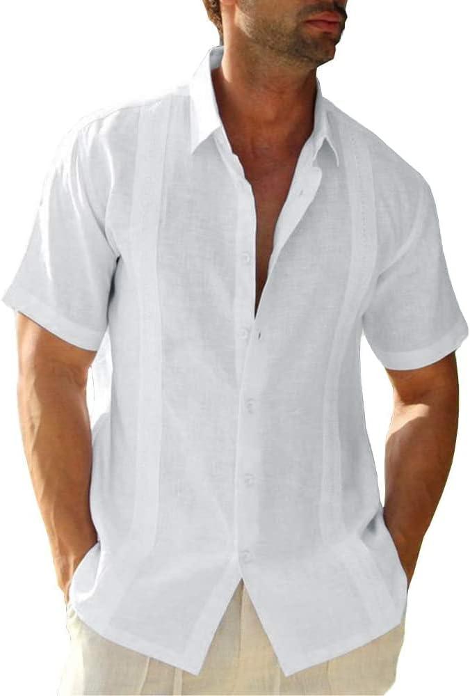 JEKAOYI Mens Casual Linen Cotton Button Down Short Sleeve Shirts Cuban Camp Guayabera Beach Tops (White, XXXL)