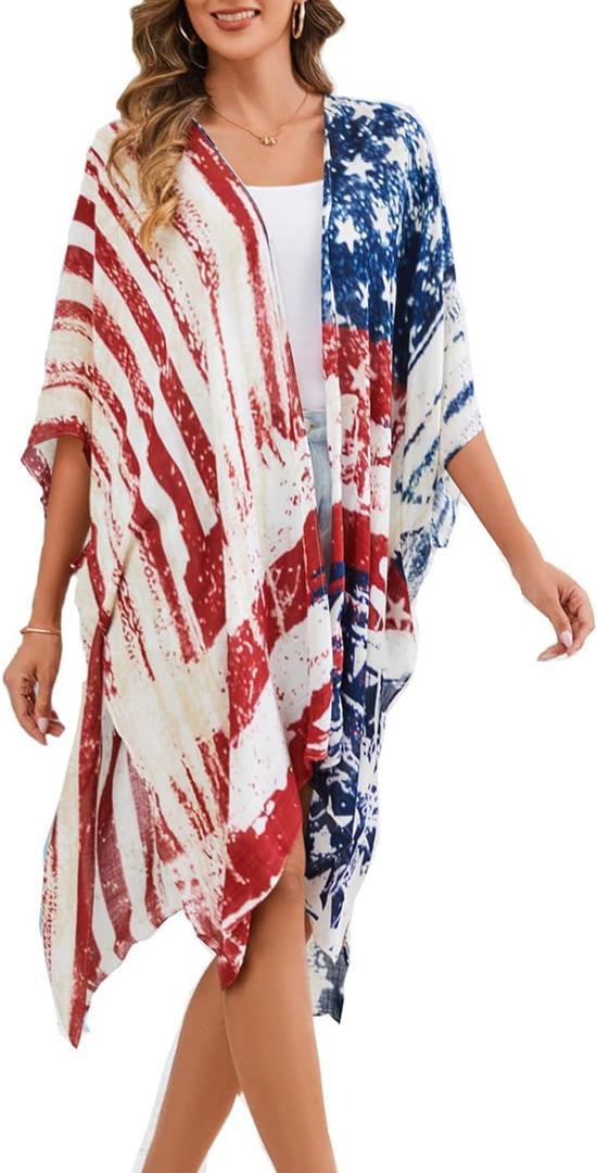 Women's American Flag Beachwear cover up Cardigan Loose Tops Shirt