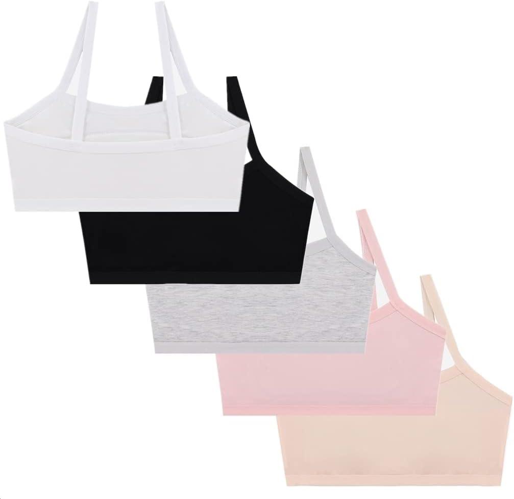Girls' Lined Training Bra Cotton Cami Adjustable Straps for 9-14 Years (Black, Grey, White, Pink, Flesh Color, Pack of 5)