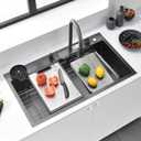 34" x 19.7" Black-Gray Waterfall Kitchen Sink, Drop In Stainless Steel Modern Single Bowl Sink with Pull-Out Spray Faucet, Cup Washer & Accessories