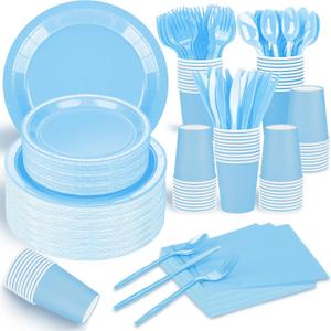 TWOWYHI 228PCS Light Blue Party Supplies Set Include Paper Plates Cups Paper Napkins Plastic Spoons Forks Knives for 30 Guests Disposable Party Dinnerware for Birthday Wedding Family Picnic
