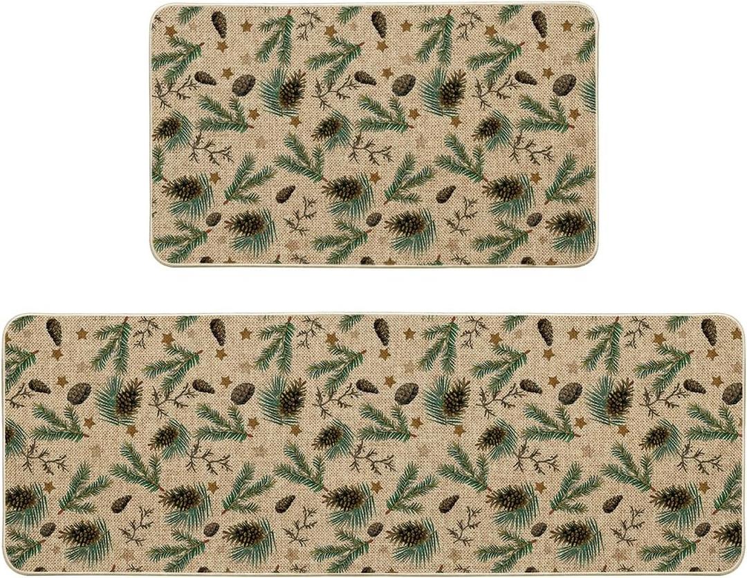Artoid Mode Pine Nut Stars Merry Christmas Kitchen Mats Set of 2, Christmas Low-Profile Home Decor Kitchen Rugs for Floor - 17x29 and 17x47 Inch