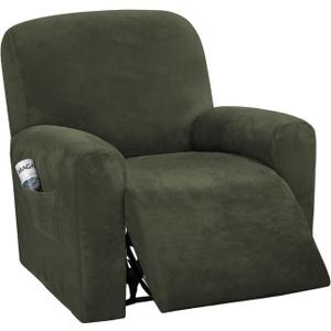 H.VERSAILTEX Velvet Stretch Recliner Couch Covers 4-Pieces Style Recliner Chair Covers Recliner Cover for Reclining Chair Slipcovers Feature Non Slip Form Fitted Thick Soft Washable, Olive