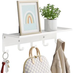 Shelf with Hooks, 17 Inch Coat Rack Wall Mount with 5 Hooks with Shelf, Metal Entryway Coat Hangers Storage Clothes, Bags, Purse, Keys for Living Room, Bedroom, White