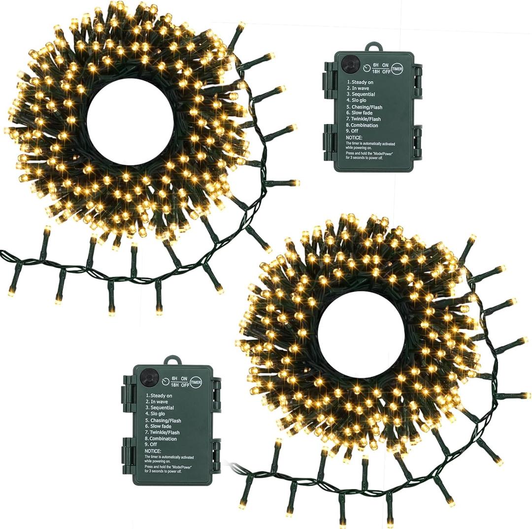 2 Pack String Lights Battery Operated, Total 20Ft 400 LED Cluster String Lights with Timer 8 Modes Christmas Firecracker Lights Outdoor Waterproof for Tree Home Decor (Warm White)