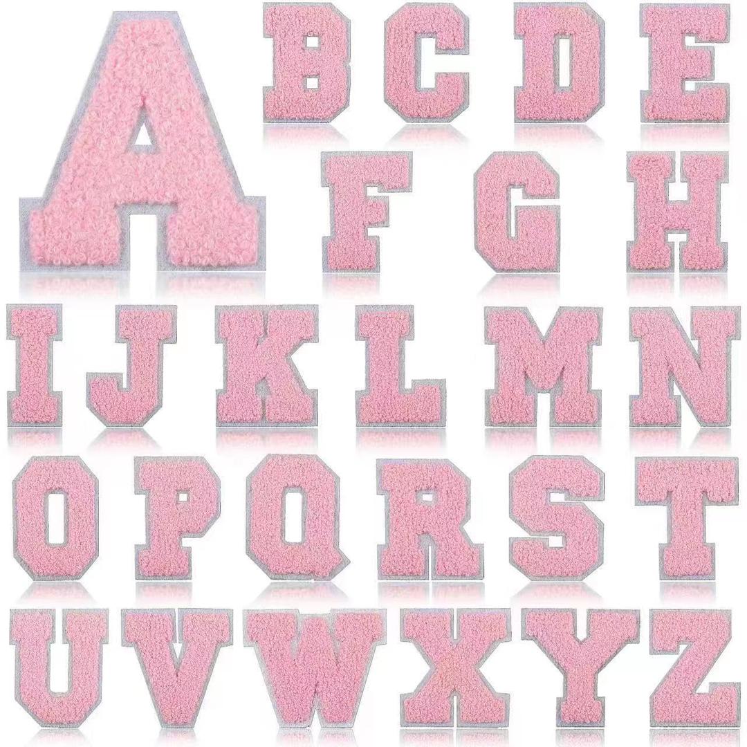 78 Pcs 2.7 Inch Chenille Letter Iron On Patches Sew On Chenille Varsity Letter Patches A-Z, Washable Fabric Letters for DIY Clothing Repairing Hats Shirts Shoes Jeans Bags(Pink)
