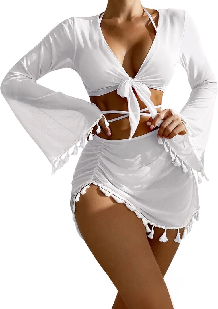 SKAYS 4 Piece Bikini Sets for Women with Wrap Coverup Bathing Suit Sexy Halter Top High Waisted Triangle Swimsuits (Large, White)