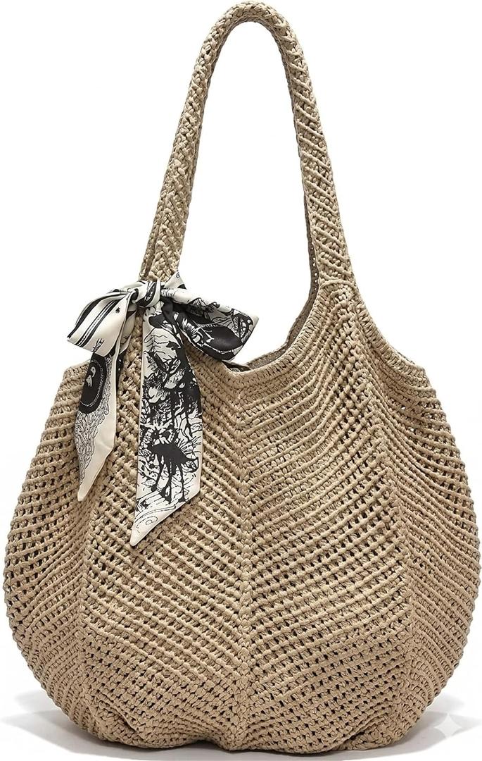 Crochet Tote Bag for Women, French Style Hollow Out Mesh Beach Bag, Summer Vacation Essentials