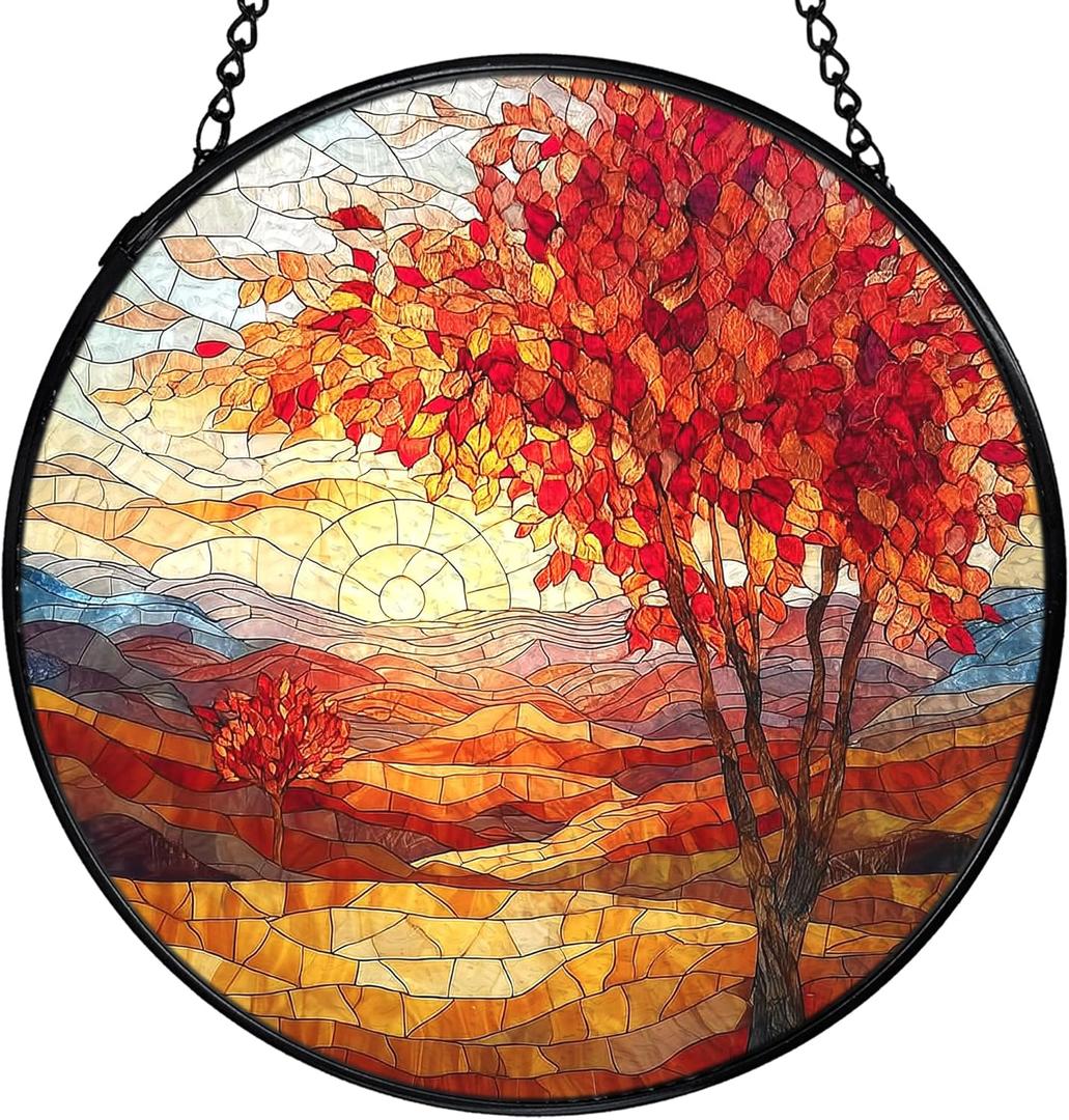 Fall Suncatchers Stained Glass Window Hanging, Rustic Farmhouse Autumn Landscape Sun Catchers Indoor Window Glass Round Wall Decor, Fall Wall Hanging Decorations, 7.9x7.9in