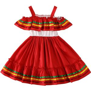 Toddler Girls Mexican Dress Cinco de Mayo Ethnic Dress (Red, 3T)