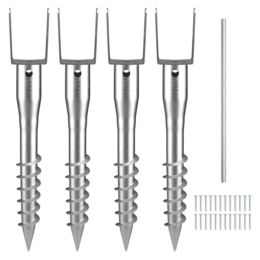 VEVOR Ground Screw, No Dig Ground Anchor 4 Pack 3.94 x 2.76 x 27.56 in DIY Screw in Stake, Includes 6 Lag Bolts & a Rebar, U-Shape Heavy Duty Steel Post Holder, Great for Mailbox and Fence Posts