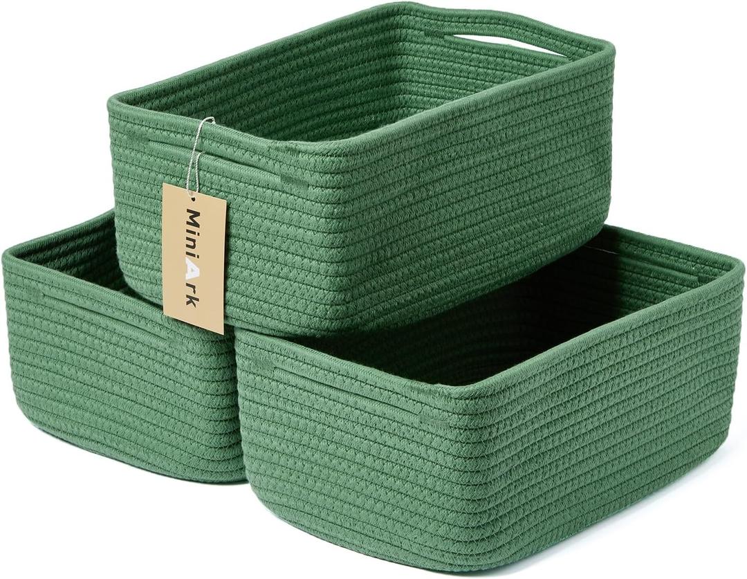 MiniArk Small Storage Baskets for Organizing | Closet Organizer Bins | Shelf Toy Basket | Woven Rope Baskets | Cube Decorative Box | Shallow Basket | 13x8.5x5.1 | 3 Packs Green