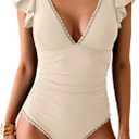 Aidonger Women's One Piece Ruffle Swimsuit Tummy Control Bathing Suit V Neck Shell Stitched Swim Suit Slimming Swimwear (Yellow, M)