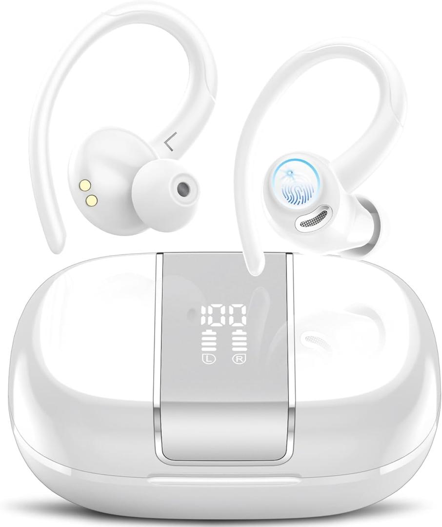 Headphones Wireless Earbuds Sport, Bluetooth 5.3 Ear Buds Over-Ear 3D Stereo Headset with Earhooks, 48H Wireless Earphones with HD Mic, IP7 Waterproof Earbud for Workout/Sports/Running White