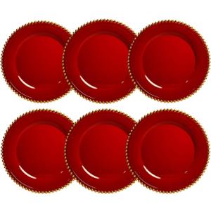 Red Charger Plates, 13 Inch Plastic Beaded Chargers for Dinner Plates, Party, Wedding, Birthday. Table Setting, (Set of 6)
