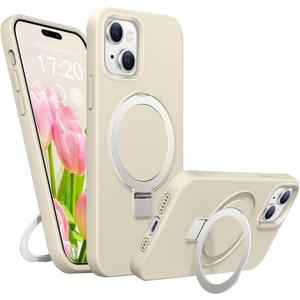 Soft Liquid Silicone Case for iPhone 13/14 with Magnetic Invisible Stand, Military Grade Shockproof Protection, Anti-Scratch Microfiber Lining Covers for iPhone 14/13, White